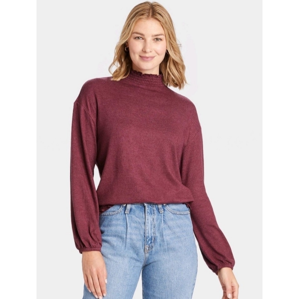 A New Day High neck Smocked Tshirt Burgundy Size M